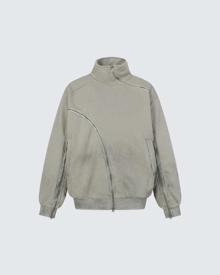 Autumn Washed Asymmetric Zipper Fleece Sweatshirt - Image 2
