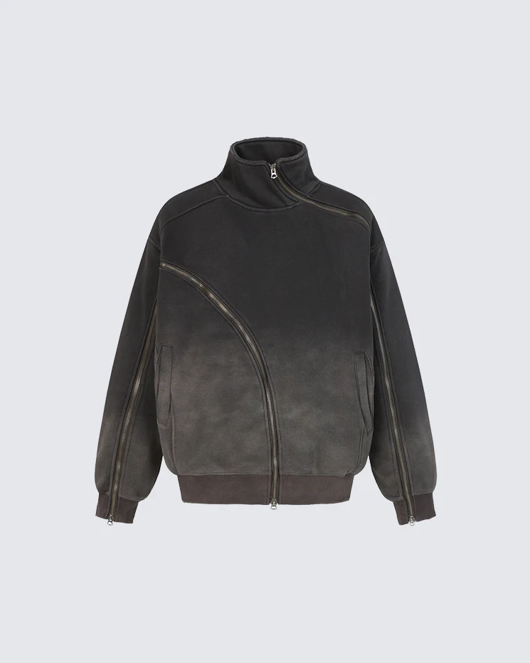 Autumn Washed Asymmetric Zipper Fleece Sweatshirt - Image 8