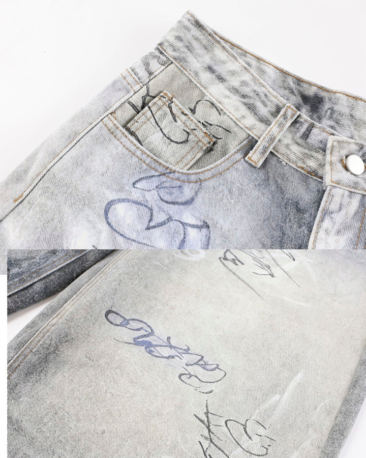 Graffiti Print Balloon Denim Pants - Image 11