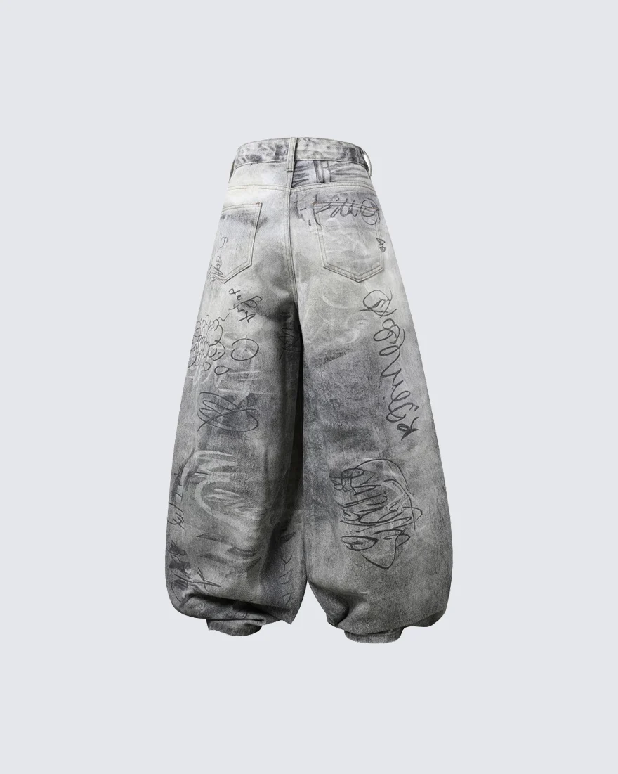 Graffiti Print Balloon Denim Pants - Image 4