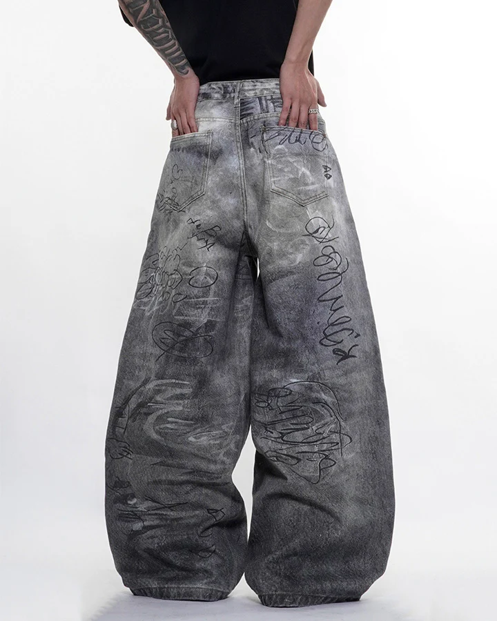 Graffiti Print Balloon Denim Pants - Image 5