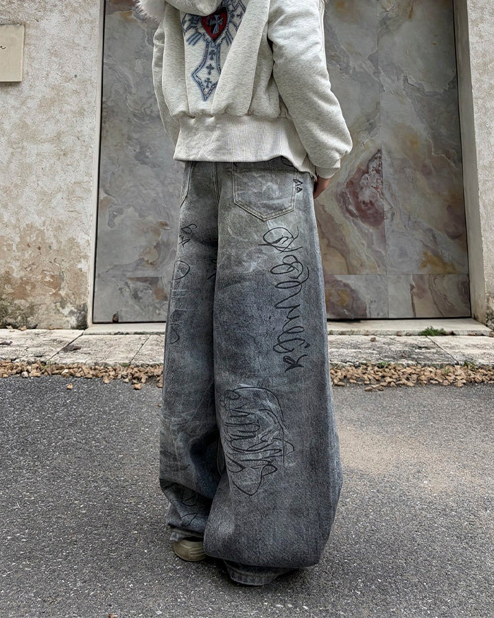 Graffiti Print Balloon Denim Pants - Image 6