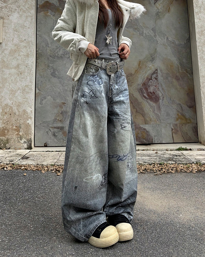 Graffiti Print Balloon Denim Pants - Image 7