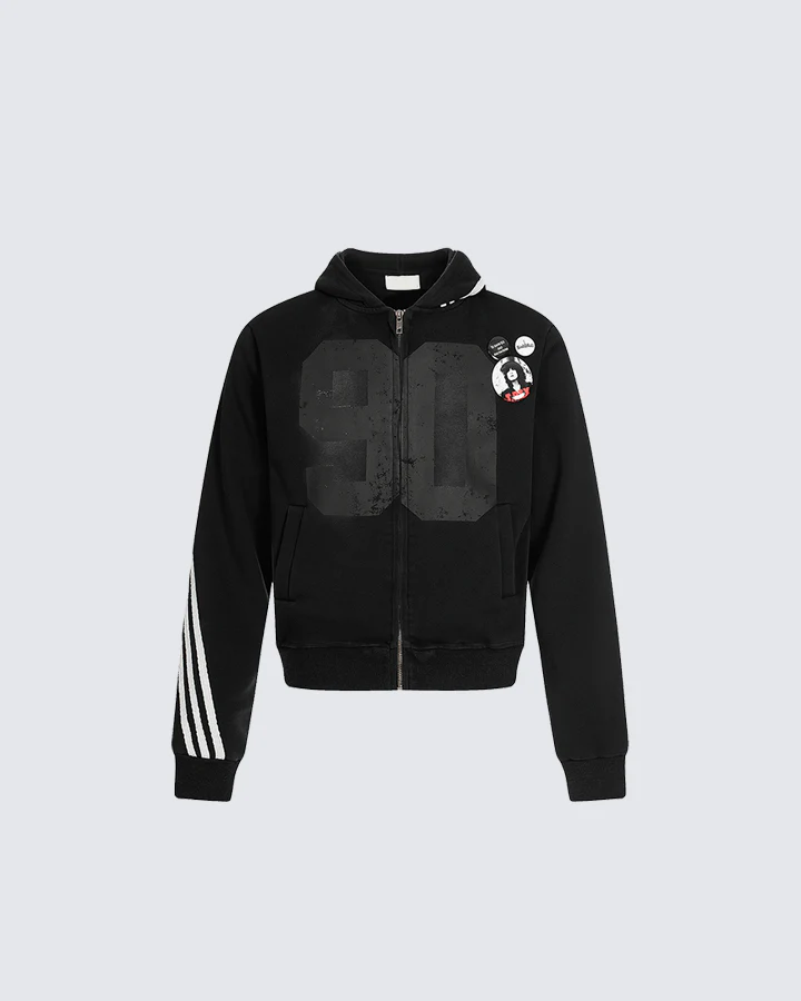 90s Graphic Hoodie with Zipper and Stripes