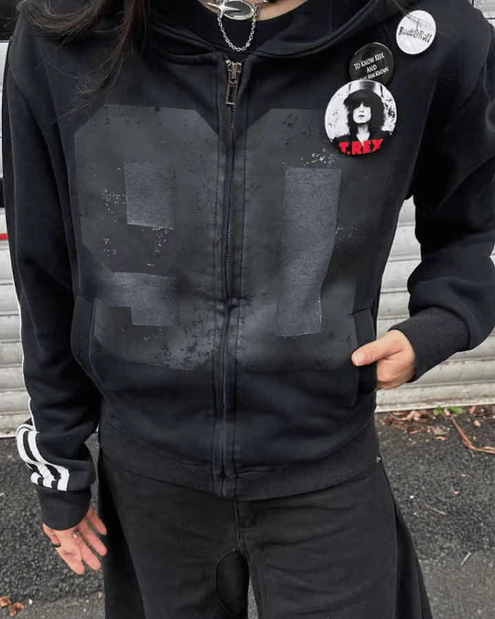 90s Graphic Hoodie with Zipper and Stripes - Image 10