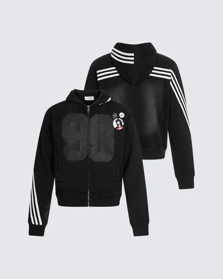 90s Graphic Hoodie with Zipper and Stripes - Image 2